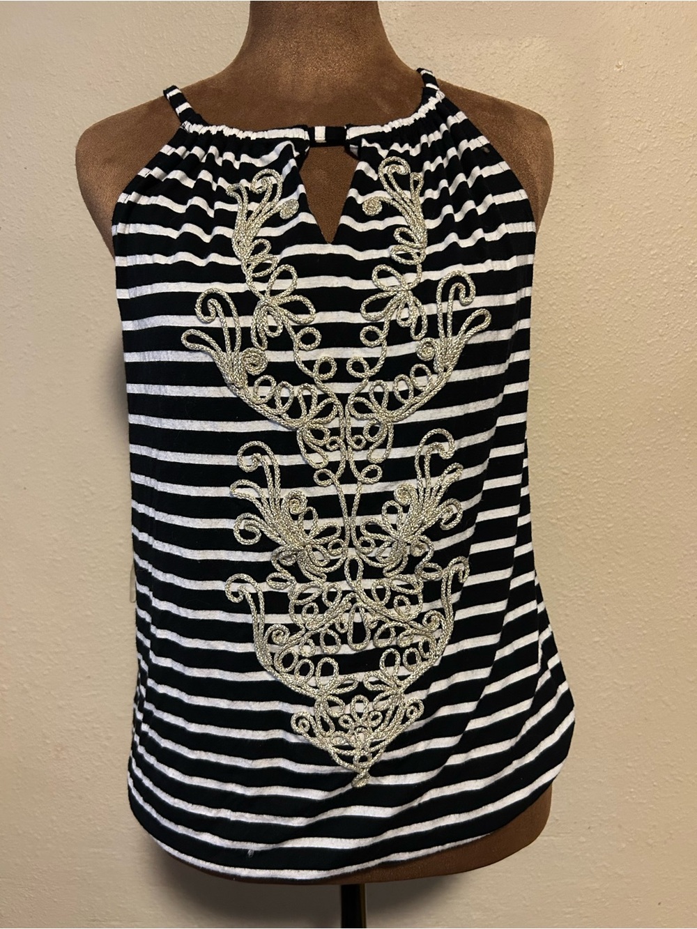 Aeropostale Black & White Halter Tank with Gold Embroidery